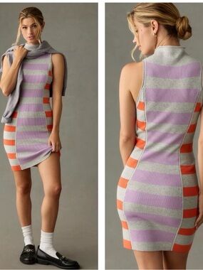 Anthropologie Striped Knit Sleeveless Bodycon Dress in Lavender, Gray & Orange